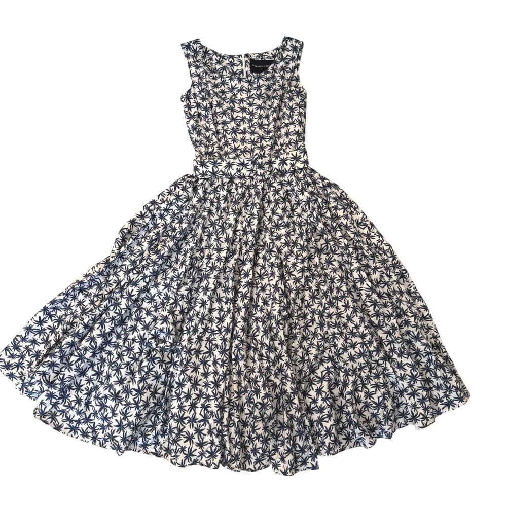 Samantha Sung Cottage Palm Tree Print Cotton Midi Dress Navy White 4 Full Skirt